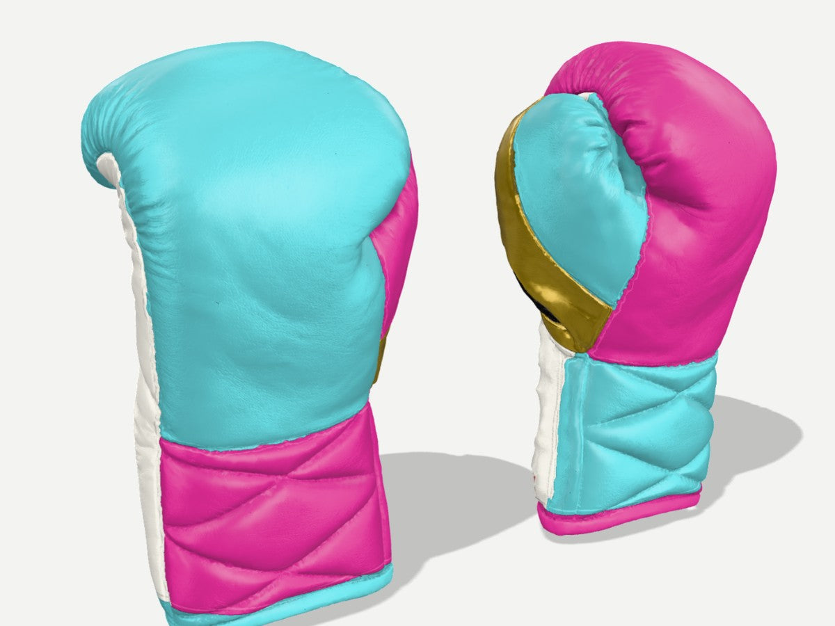 Custom BADASS gloves in turquoise and fuchsia with metallic gold