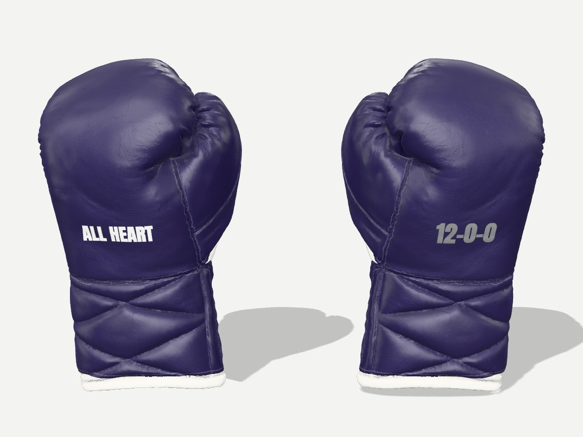 Custom BADASS gloves in Nightfall purple with ALL HEART and a 12-0-0 record