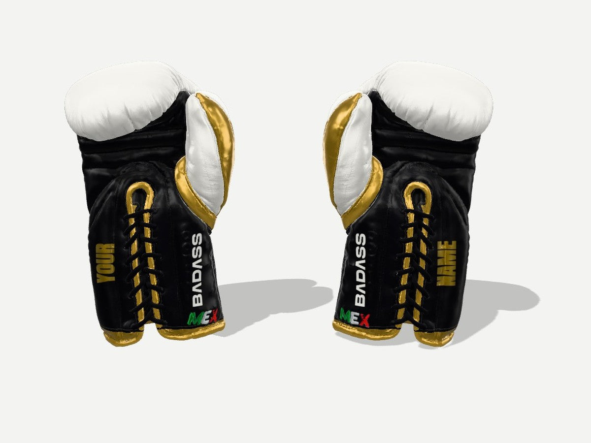Custom BADASS gloves in black, white and metallic gold with YOUR NAME printed on the palms